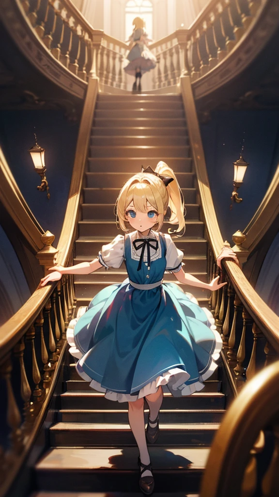 high resolution、Perm blonde、ponytail、Black ribbon on head、simple light blue dress、White frills on the skirt。
A girl like Alice in Wonderland。A girl descending an endless staircase。spiral stage。
Fantasy!