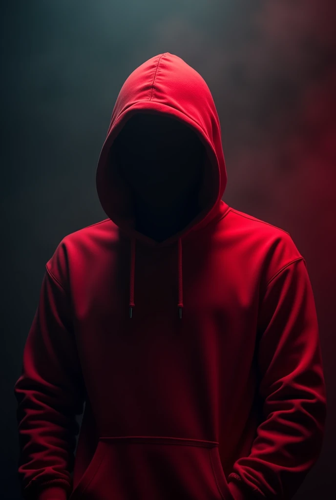 Man in red hoodie with face obscured with dark background and some red light