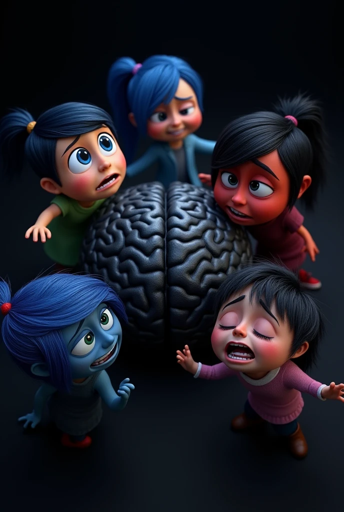 The characters of the film "Inside Out" with a desperate expression, around a black brain right in the center.