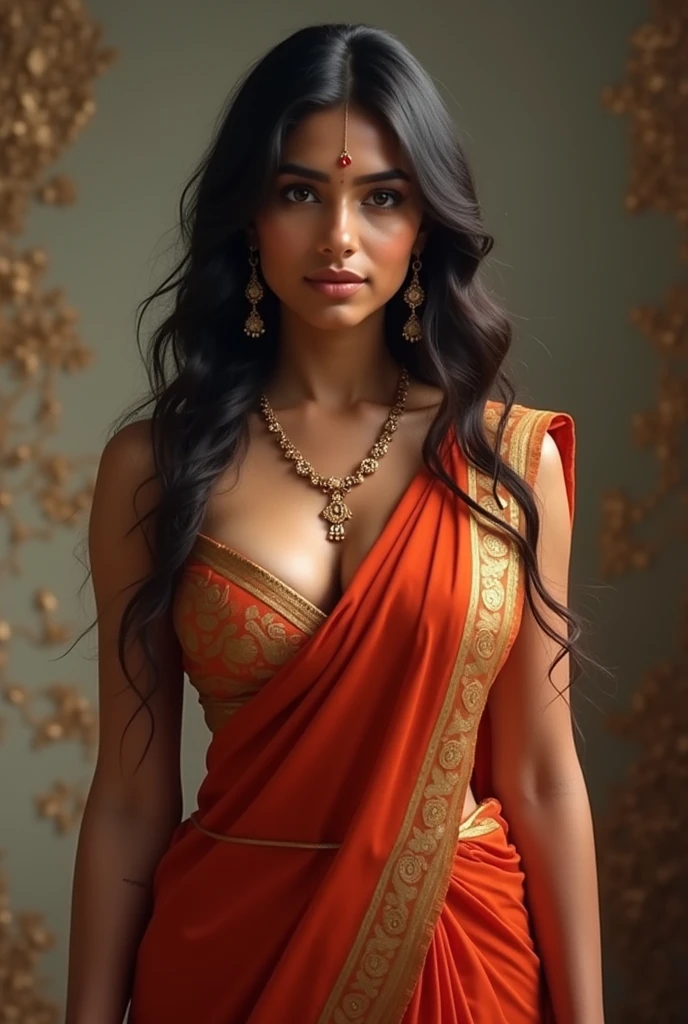 Image of realistic Indian girl wearing saree,big and lean weist, big butt, p nose, big eye, curvy physic, face front, cleavage