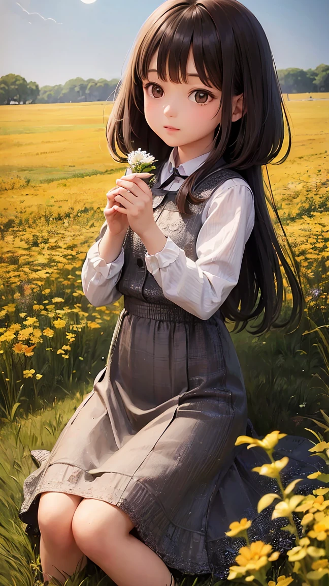 A girl on a meadow,Brown and black medium hair,Many stars shining in the wide sky,Shining Star,milky way,full moon,I look up and see,Wildflowers are in full bloom,Pure World,masterpiece,Highest quality,最高masterpiece,Detailed anime art,Digital Art,