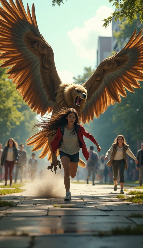 a griffin running through a school campus, a female student running in fear, extremely detailed, hyper realistic, 8k, photorealistic, cinematic lighting, intricate details, dramatic composition, sweeping camera angles, cinematic atmosphere, moody lighting, dramatic shadows, photographic elements, stunning realism, masterful rendering, high quality, best quality, ultra-detailed, award winning digital art, fantasy, dynamic action, awe-inspiring