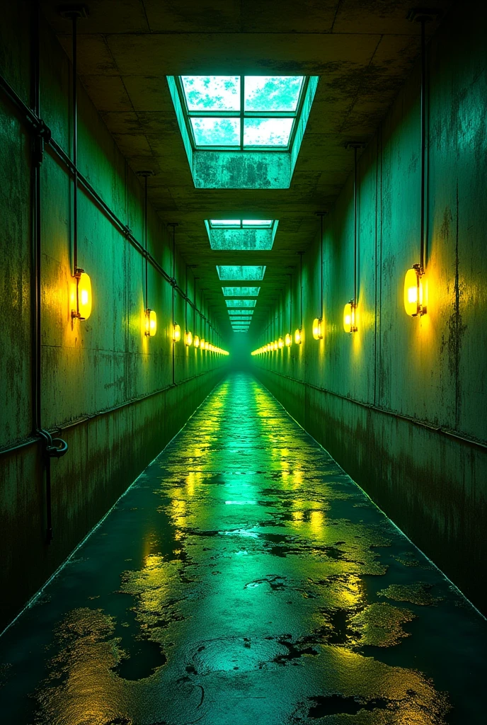 sewer : use neon green tones, combined with soft yellow lights and natural light from skylights, create a space that is both lively and a bit mysterious. no people and wider photo

