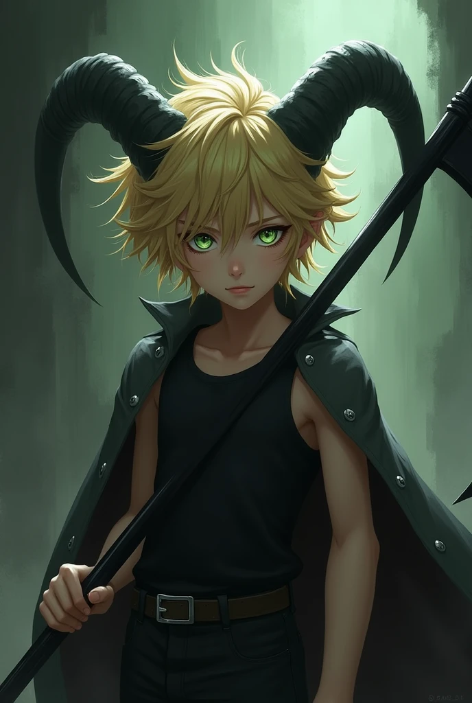 (Counterfeit-V3.0) A boy with blond hair and green eyes, his hair is long and disheveled, he has huge black devil horns and a strong devil tail, he carries a scythe that is just as black and he is wearing a black sleeveless shirt and a big jacket over it
