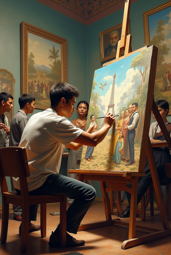 An artists painting a masterpiece and there's artists behind him doing their works then the background is histories and happenings before in the philippines