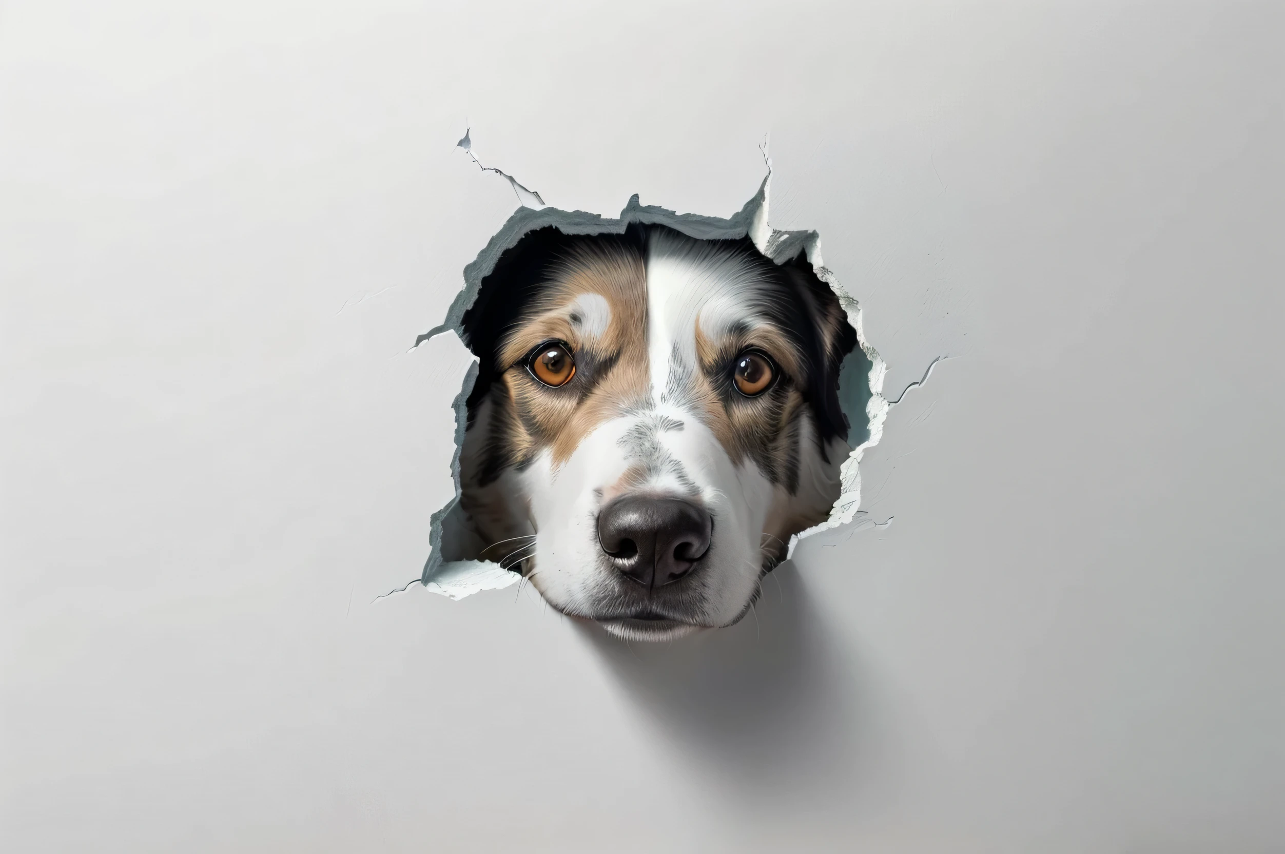 there is a dog looking through a hole in a wall, morphing dog head, portrait shot, dog head, cute dog, hyperrealistic illustration, with a white muzzle, cornered like an animal, beautiful dog head, pet animal, high quality wallpaper, border collie, ultra realistic picture, a hyper realistic, realistic illustration, ultra realistic illustration, ultrarealistic illustration