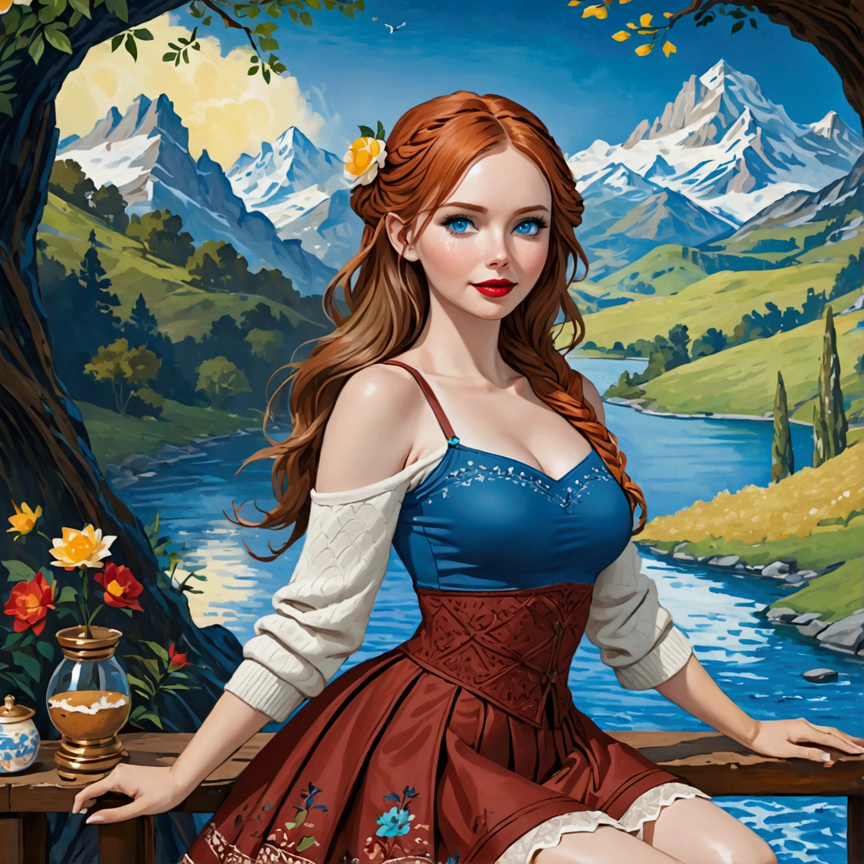 A Blonde Woman With Messy Hair, Pale Skin, & Red Lipstick On A Rock Overlooking A Mountain Valley & Alpine Lake. Wears A Dress With Woodcut Patterns, A Black Knee-Length Pleated Skirt With Blue Embroidery, & A Norwegian Sweater With Rosemaled Designs. Her Face Is Round With Full Features & A Wide Smile, Her Eyes Are Detailed And Wide, & She Poses Dynamically. Digital Painting Is In 4K Ultra HD, Rococo-Inspired Fantasy Art With Intricate Details. She Has A Cute, Charming Expression & A Alluring-Gaze, With Beautiful Blue Eyes & An-Ideal-Hourglass-Figure. Dawn Wells.