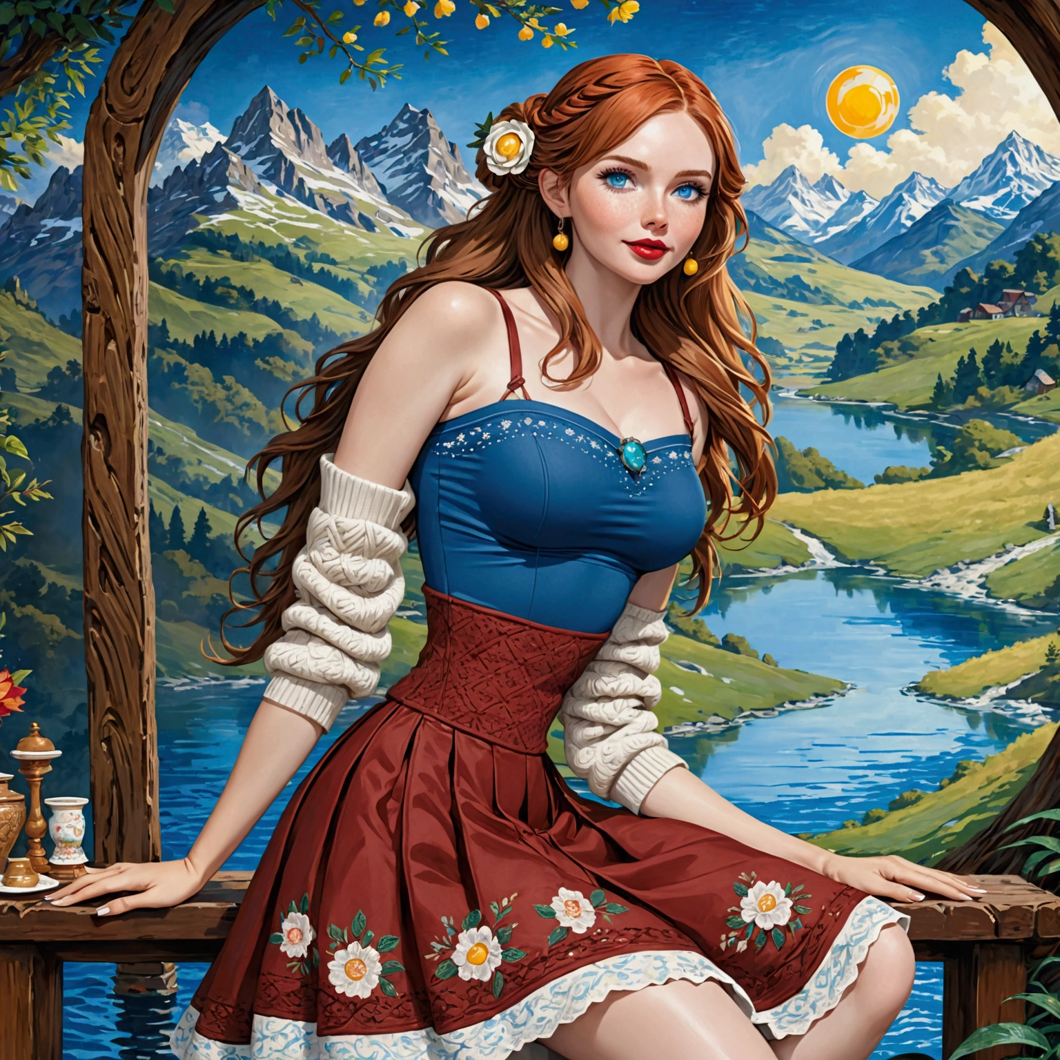 A Blonde Woman With Messy Hair, Pale Skin, & Red Lipstick On A Rock Overlooking A Mountain Valley & Alpine Lake. Wears A Dress With Woodcut Patterns, A Black Knee-Length Pleated Skirt With Blue Embroidery, & A Norwegian Sweater With Rosemaled Designs. Her Face Is Round With Full Features & A Wide Smile, Her Eyes Are Detailed And Wide, & She Poses Dynamically. Digital Painting Is In 4K Ultra HD, Rococo-Inspired Fantasy Art With Intricate Details. She Has A Cute, Charming Expression & A Alluring-Gaze, With Beautiful Blue Eyes & An-Ideal-Hourglass-Figure. Dawn Wells.
