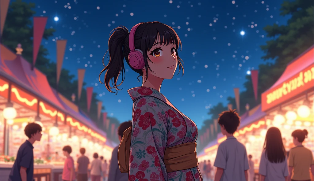 Perfect image, 8k、summer、night、high school girl、Mature、Big Breasts、yukata、looks fun、smile、Using headphones、festival、stall、 2D-style animation, Lo-Fi、Retro、Emotional、Anime style illustrations