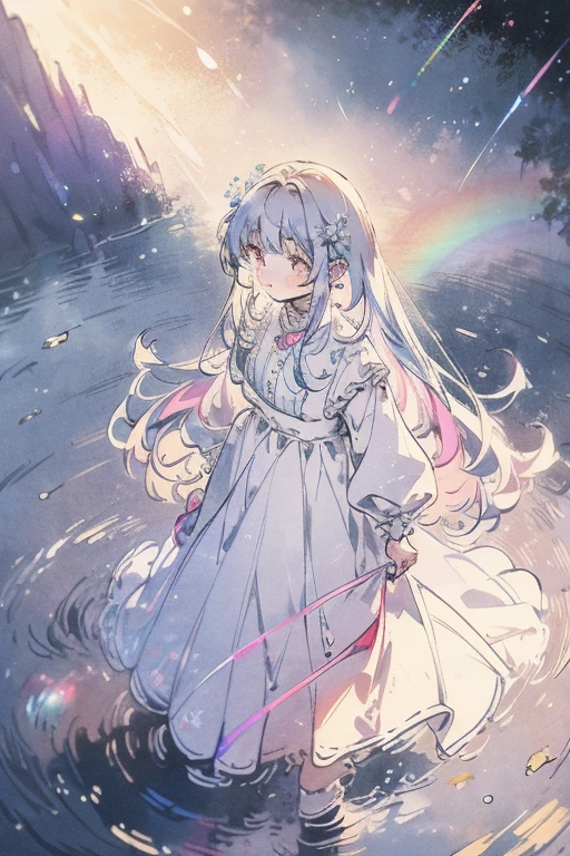 Rainbow,In the sky after the rain,Puddle reflection,Girl about to walk out,Long white hair,masterpiece, Highest quality, Very detailed, 4k1 girl, Lens flare, Soft Light, Gentle colors,Colorful dress,Colorful colors follow the girl like a shadow.