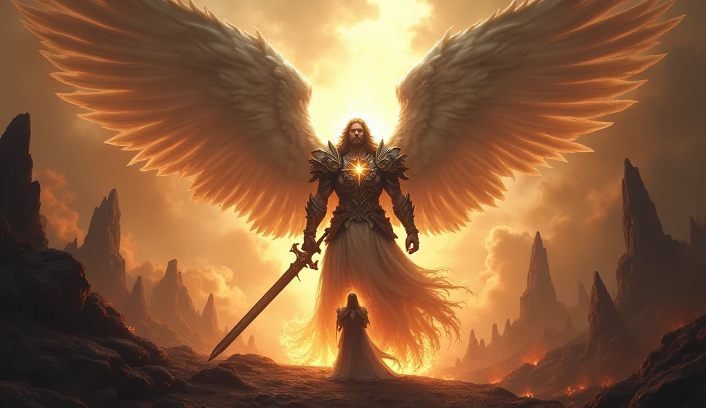an image of an angel with a sword in hell, angel in hell, archangel, Angels vs Demons, angel watching demon, Angels and Demons, angel protecting man, Arcanjo Miguel, the angel of death, Battle between Angels and Demons, super wide angel, epic angel wings, angels protecting a praying man, human need death angel. ((epic image)), ((high qualiy))