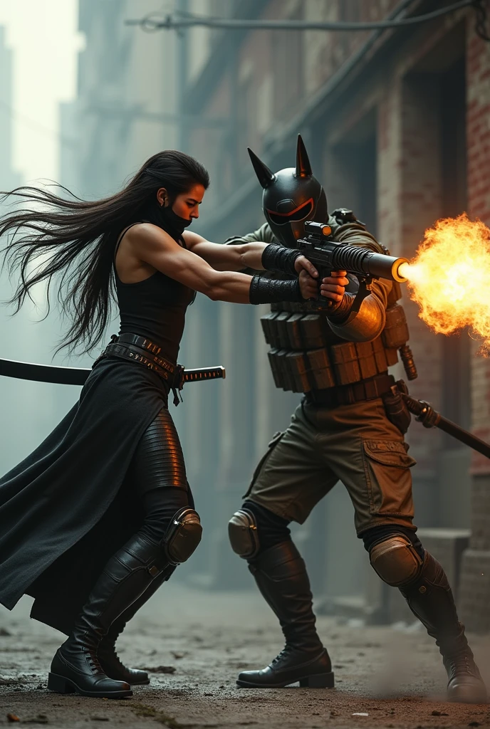 Japanese female assassin with long hair dressed in tactical sleeveless bodysuit, armor pads, kitsune mask, armed with a katana, she is fighting against an Irish male soldier who is carrying a flamethrower