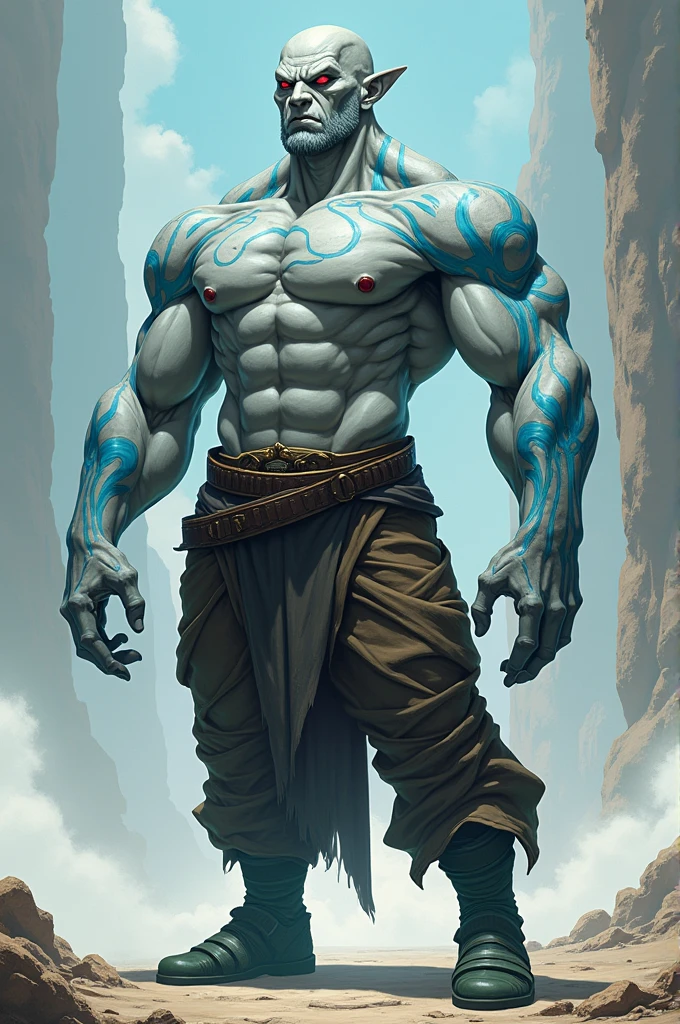 Create a 2 meter tall man with gray skin and blue markings on his arm, He is shirtless and wearing brown leather pants and dark green boots, her eyes are red.
anime styling!!!