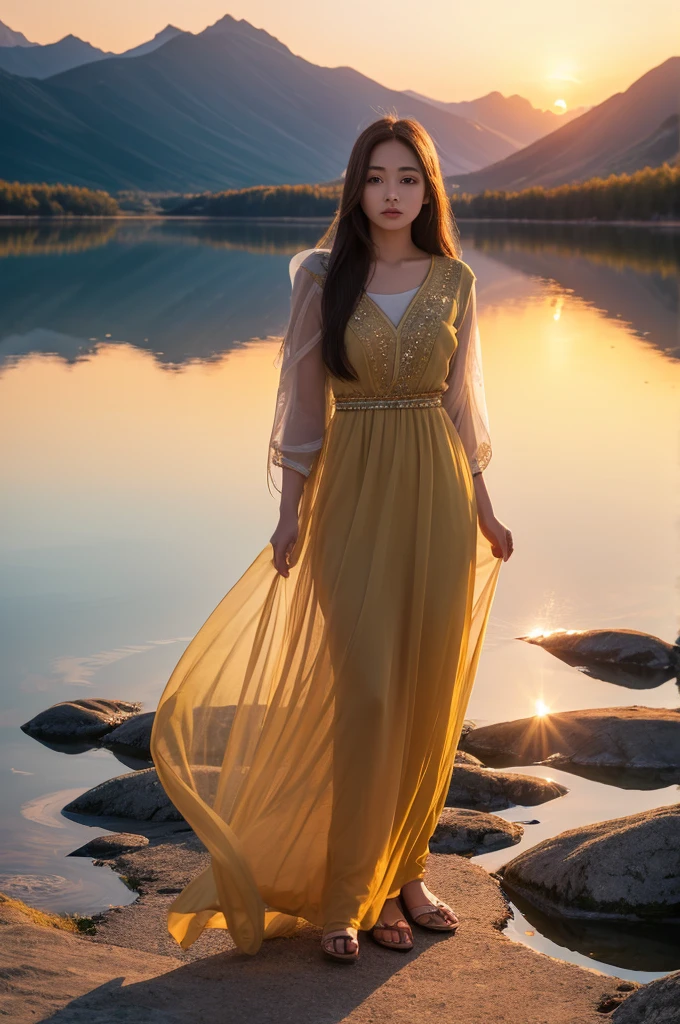 1 girl, Calm expression, Charming eyes, Long straight hair, floating dress, Maintain a balanced posture, Porcelain skin, faint blush, Crystal PendantBREAK Golden Hour, (Edge lighting):1.2, Warm colors, Solar flares, Soft shadows, Vibrant colors, Effect, A lake with a dreamy atmosphere, Distant Mountains, willow, Calm Water, reflection, Sun shining clouds, Peaceful atmosphere, Idyllic sunset, Extremely detailed, Official Art, Unity 8K wallpaper , tangled, Mandala