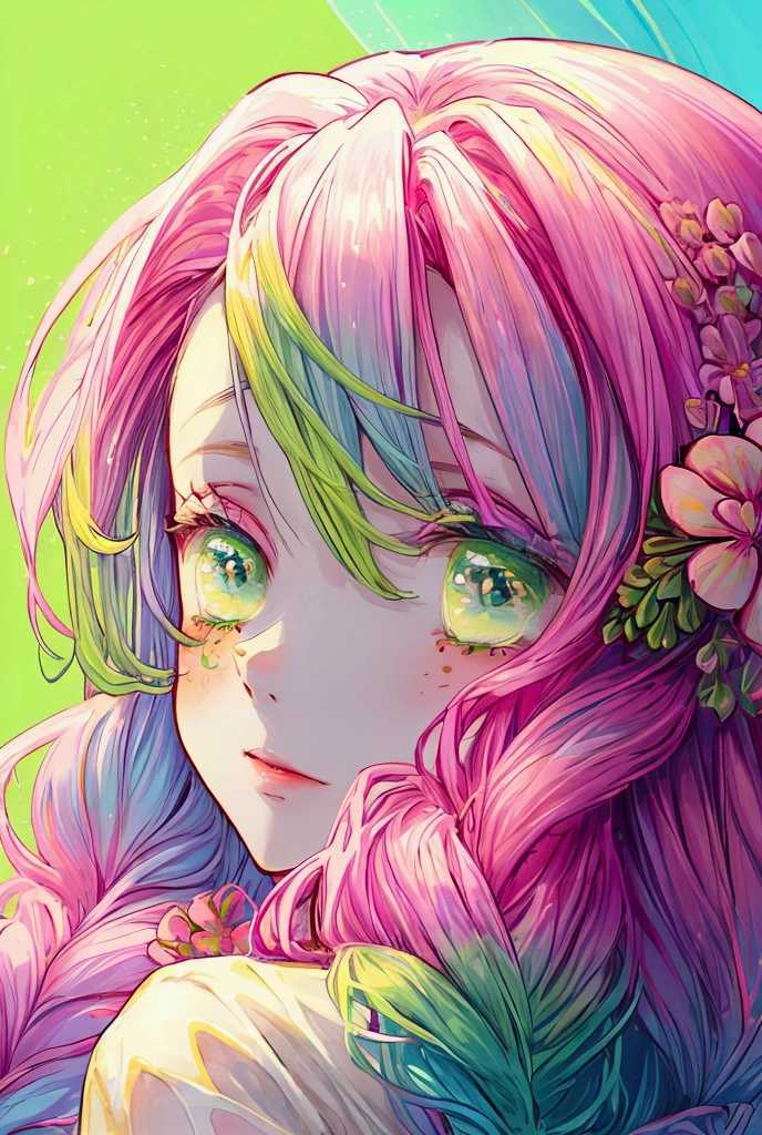 Convert your flower art into illustration.、Create backgrounds with vibrant colors and unique touches The type of flower is statice、Gypsophila、sweet pea、Mix in some lace flowers, portrait, face portrait, pink hair, green eyes, (green highlights), green braids,
