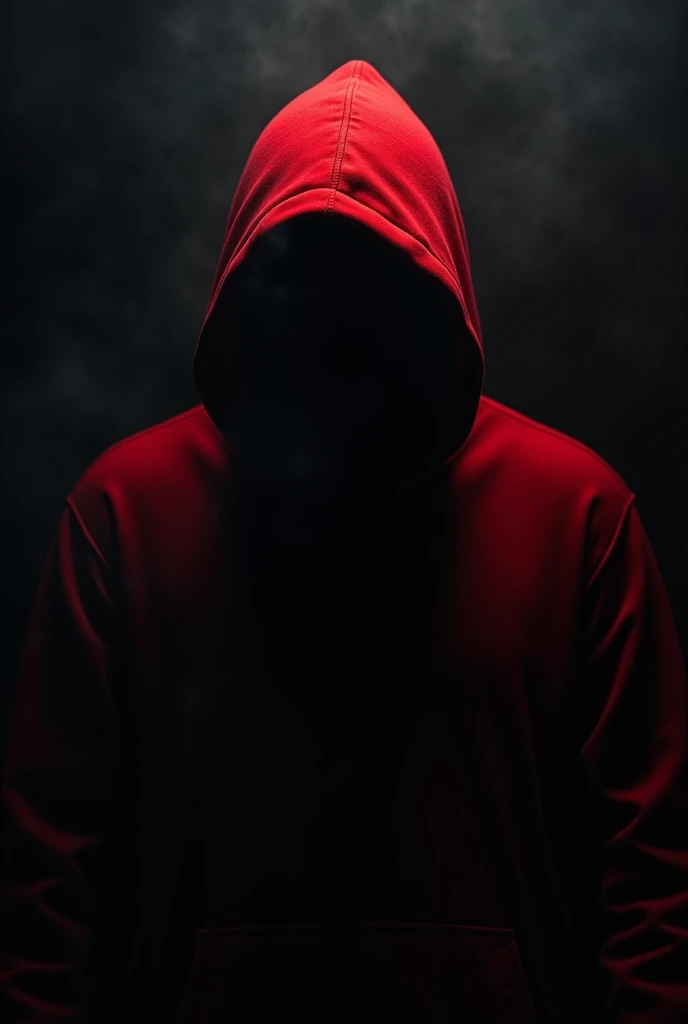 Man in red hoodie with face obscured with very dark background and some red light