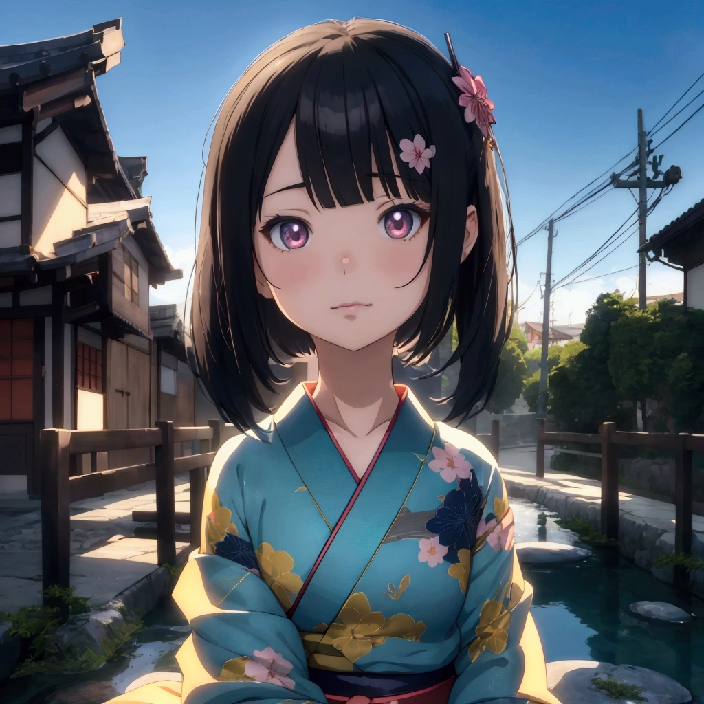 Girl in kimono sitting on stone walkway, Anime styled 3d, Anime style. 8K, Stylized anime, Realistic anime 3D style, commend girl, Anime style 4 k, render of a cute 3D Anime Girl, 3D Anime Girl, Japanese animation style, Anime style, commend art, commend, 3D animation realistic