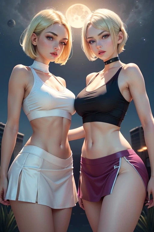  young  blonde and brunette girls combine clothes with short skirt sexy top tiny blue eyes look at the sky short hair red lips purple makeup athletic body thin waist big breasts big buttocks. . the moon facing the sun