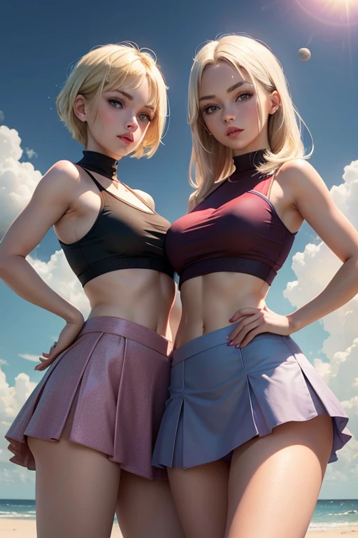young blonde and brunette girls combine clothes with short skirt sexy top tiny blue eyes look at the sky short hair red lips purple makeup athletic body thin waist big breasts big buttocks. . the moon facing the sun