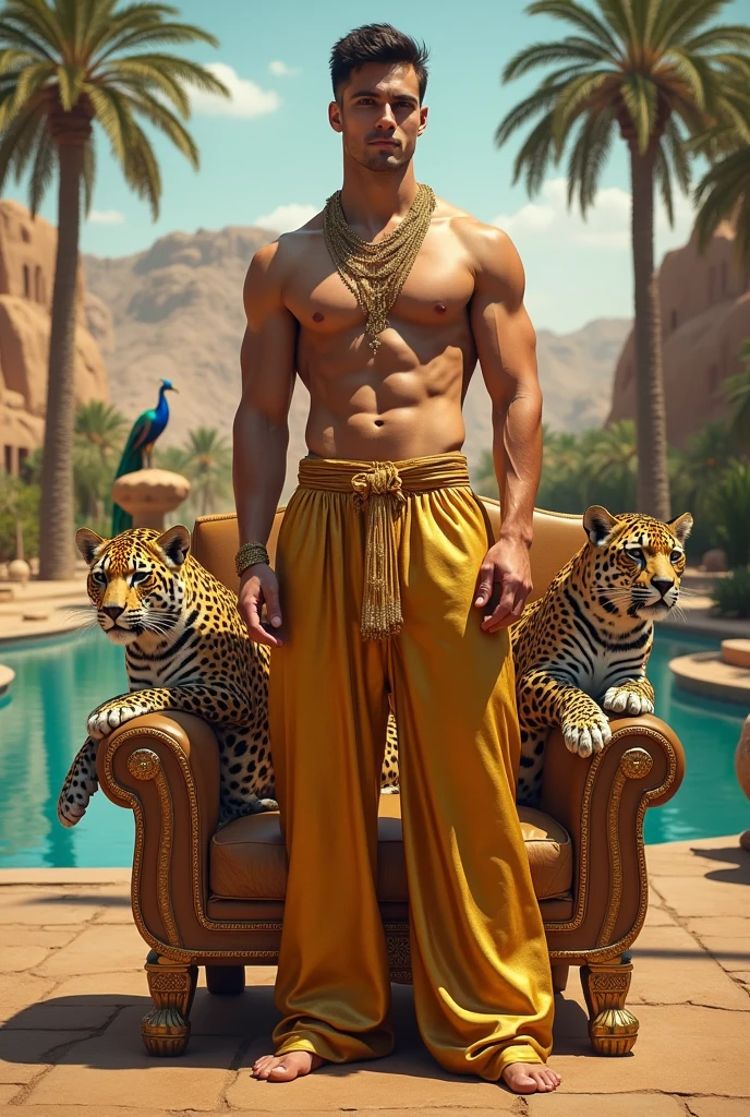 A handsome handsome man without a shirt, golden pants, skinny white skin in the desert and two leopards sitting in a king's chair, desert palm tree behind a lake and a peacock