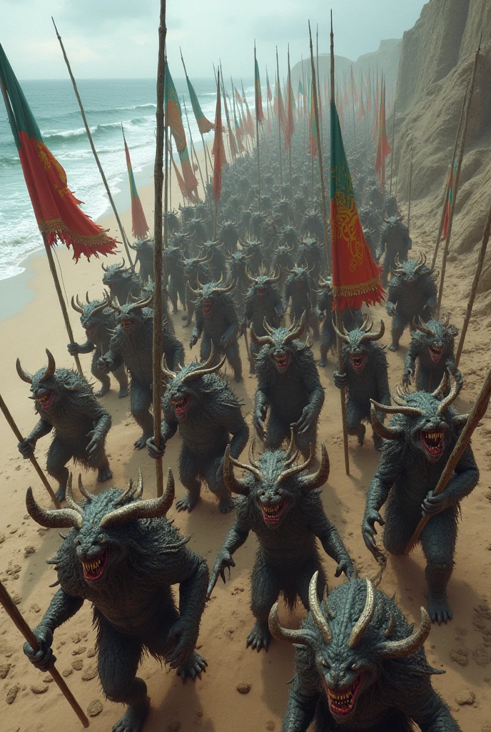 Create a background with a top-down view of an army of monsters advancing across a beach with long spears and war banners