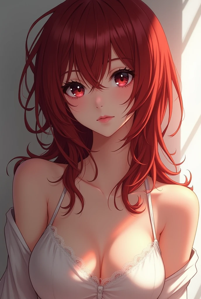 anime style, attractive woman with a good body, delicate skin, long messy red hair and delicate dark eyes