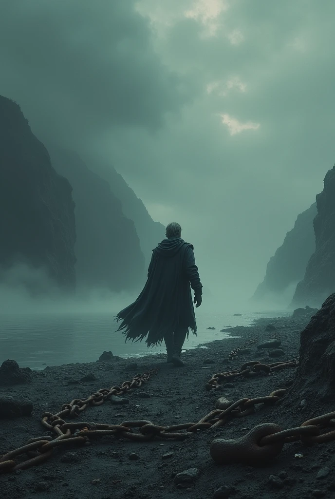 "Theron disembarks on the shores of the River Styx, surrounded by a desolate landscape. The ground is made of bones and ashes, with rusted chains partially buried in the soil. The sky is a blanket of dark clouds, with no sign of light, creating an atmosphere of tension and fear."

