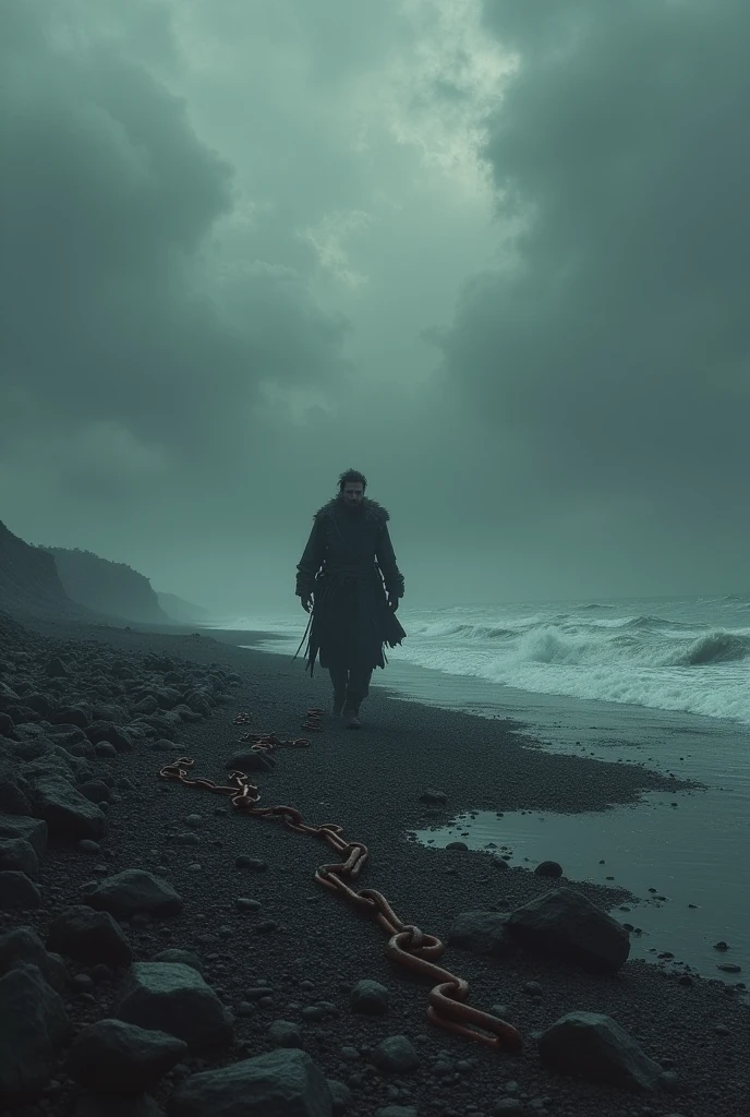 "Theron disembarks on the shores of the River Styx, surrounded by a desolate landscape. The ground is made of bones and ashes, with rusted chains partially buried in the soil. The sky is a blanket of dark clouds, with no sign of light, creating an atmosphere of tension and fear."

