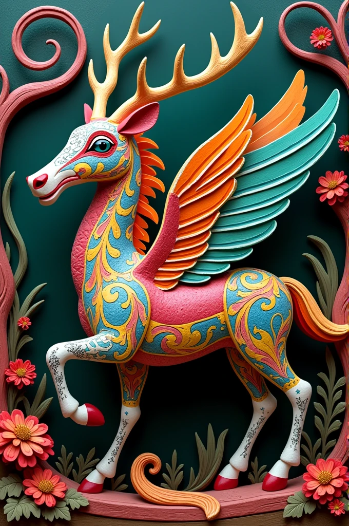 Create an alebrije that has horses as animals, deer and a hummingbird