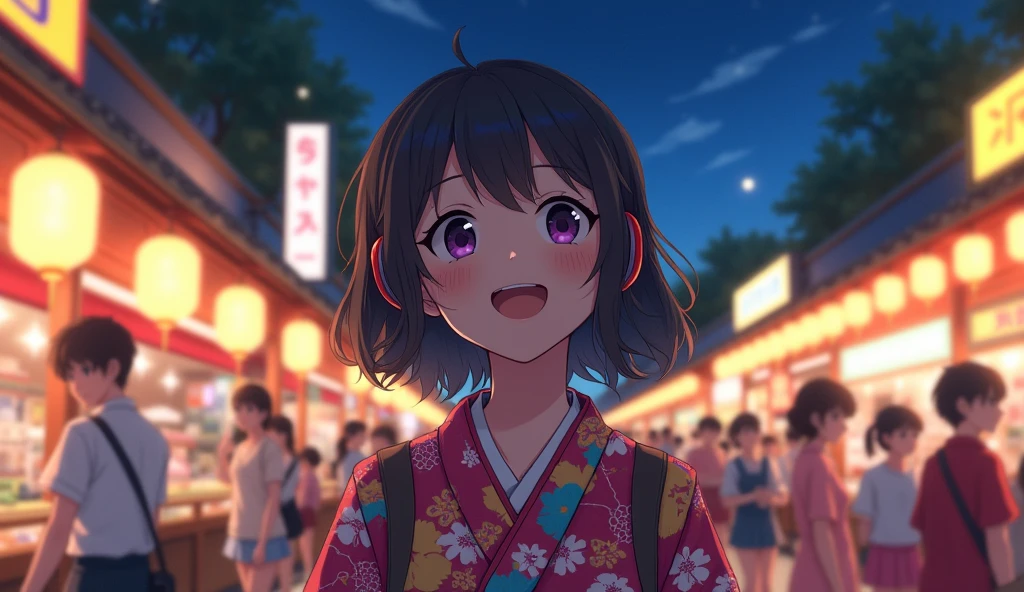 Perfect image, 8k、summer、night、high school girl、Big Breasts、yukata、looks fun、smile、Using headphones、festival、stall、 2D-style animation, Lo-Fi、Retro、Emotional、Anime style illustrations、