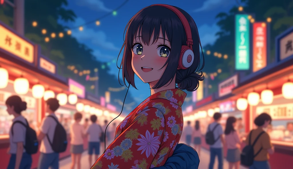 Perfect image, 8k、summer、night、high school girl、Big Breasts、yukata、looks fun、smile、Using headphones、festival、stall、 2D-style animation, Lo-Fi、Retro、Emotional、Anime style illustrations、