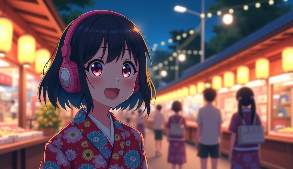 Perfect image, 8k、summer、night、high school girl、Big Breasts、yukata、looks fun、smile、Using headphones、festival、stall、 2D-style animation, Lo-Fi、Retro、Emotional、Anime style illustrations、