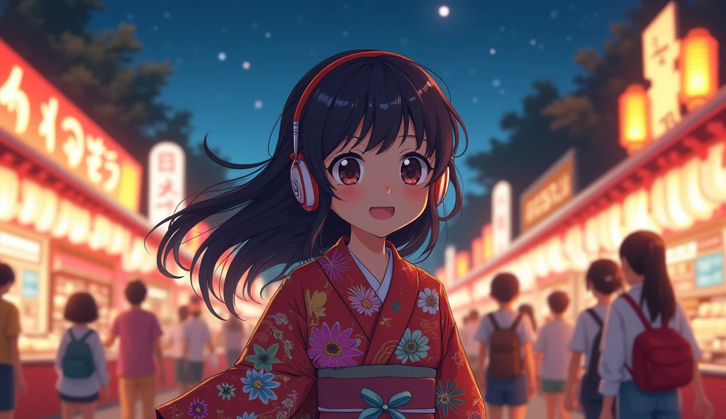 Perfect image, 8k、summer、night、high school girl、Big Breasts、yukata、looks fun、smile、Using headphones、festival、stall、 2D-style animation, Lo-Fi、Retro、Emotional、Anime style illustrations、