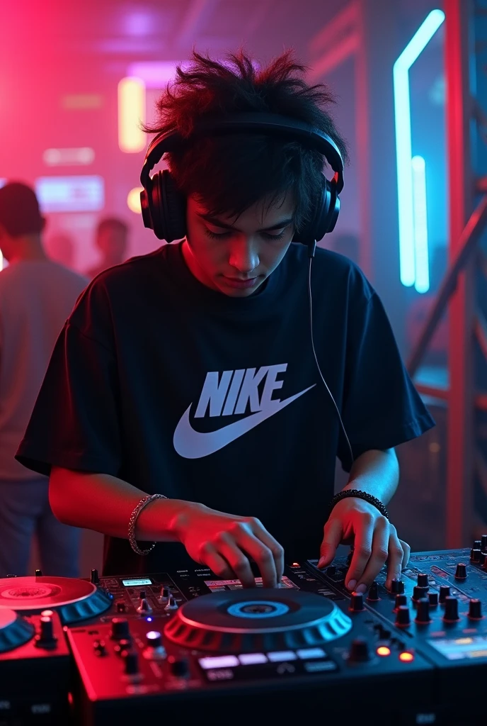 Create a low combed latino boy with black hair mixing like a DJ with a black Nike shirt and black headphones and underneath it has the word DJ FRENYER