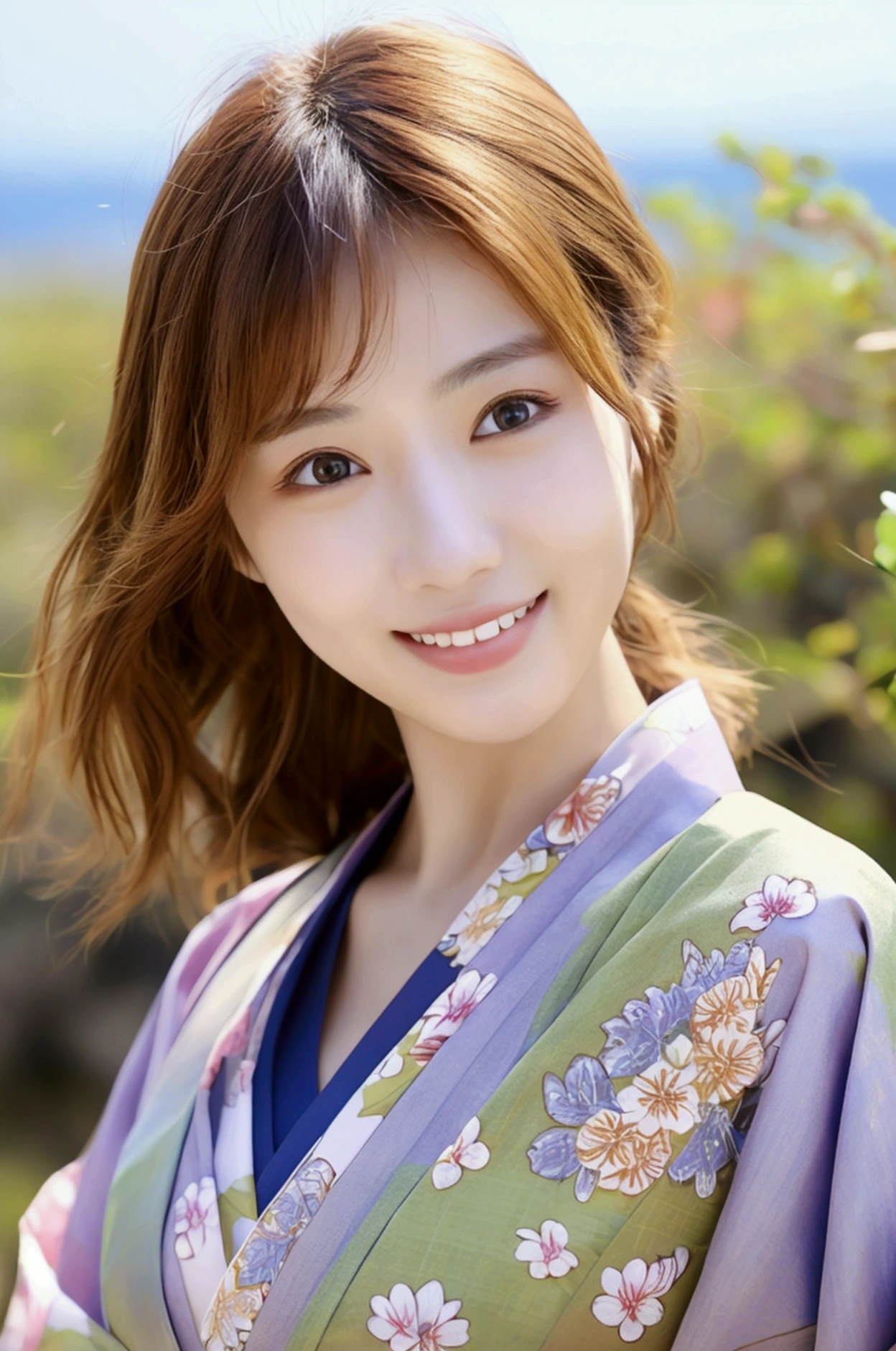 smile, Okinawa, Ryukyu, front, 最high quality、high quality、Best image quality、8k、最High resolution、High resolution、Realistic photos, Healthy body, Beautiful Eyes, flowing brown hair, Colorful kimono, Calm expression, Soft lighting, Traditional Japanese art style, Vibrant colors, Peaceful atmosphere, Delicate features, Graceful posture, Beautiful Landscape, 1