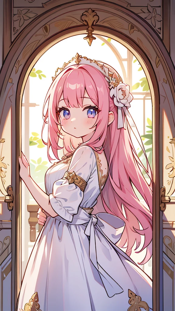 a beautiful girl with detailed eyes, long pink hair, and a white dress standing in a villa doorway, close-up, ultra-detailed, 8k, high quality, masterpiece, intricate details