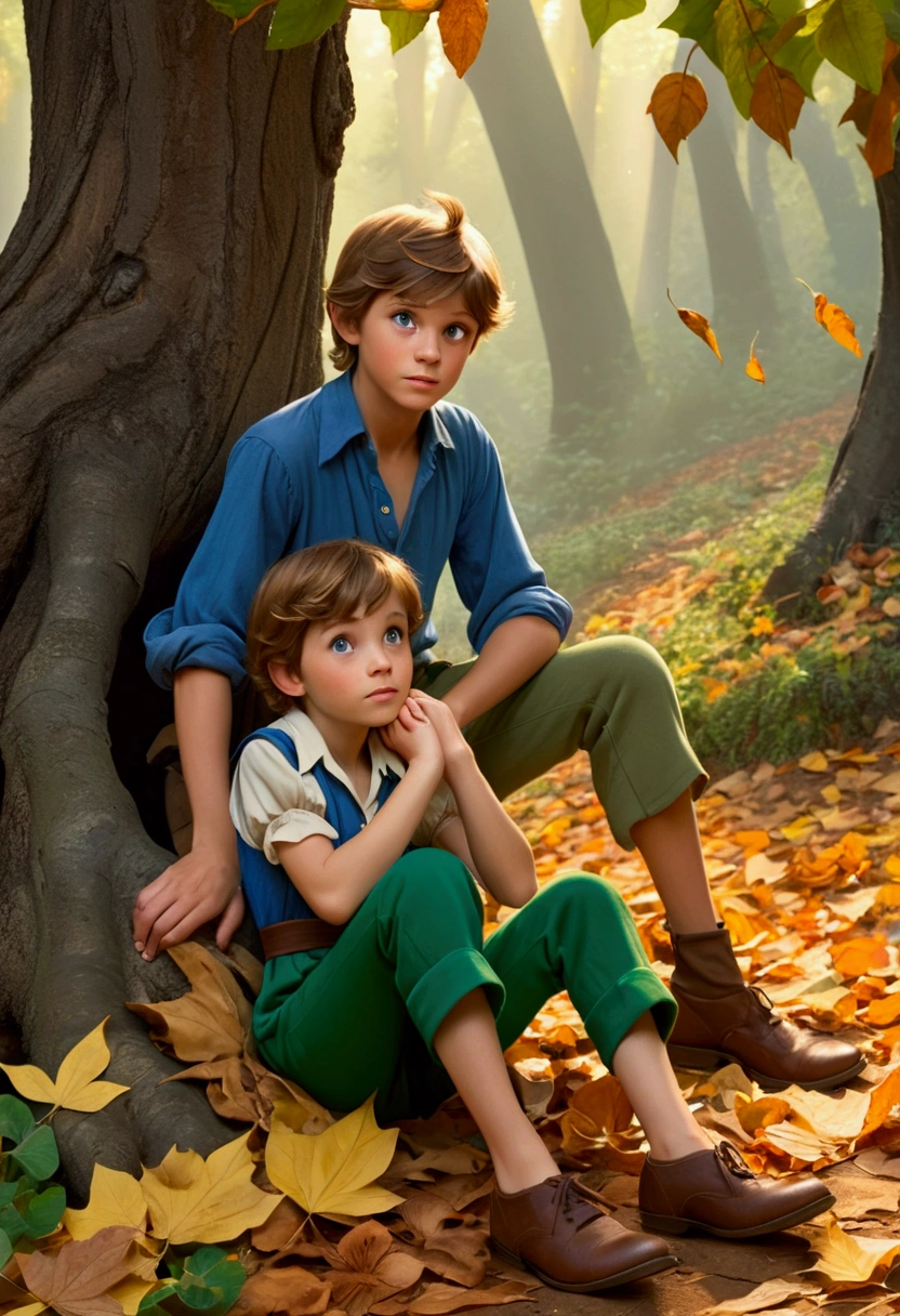 In a forest, a teeneger boy (blue shirt and green pants halfway down his legs, no shoes, flowing brown hair), ((Peter Pan style)) and a teeneger girl (dress and blouse in neutral tones), light brown hair at shoulder length, are sitting under a tree. The boy's expression is one of joy, the girl's expression is one of sadness. It's an autumn dark afternoon, dry leaves cover the ground. Very detailed design, Gustave Dore style. The clothes remind us of Grimm Brothers tales