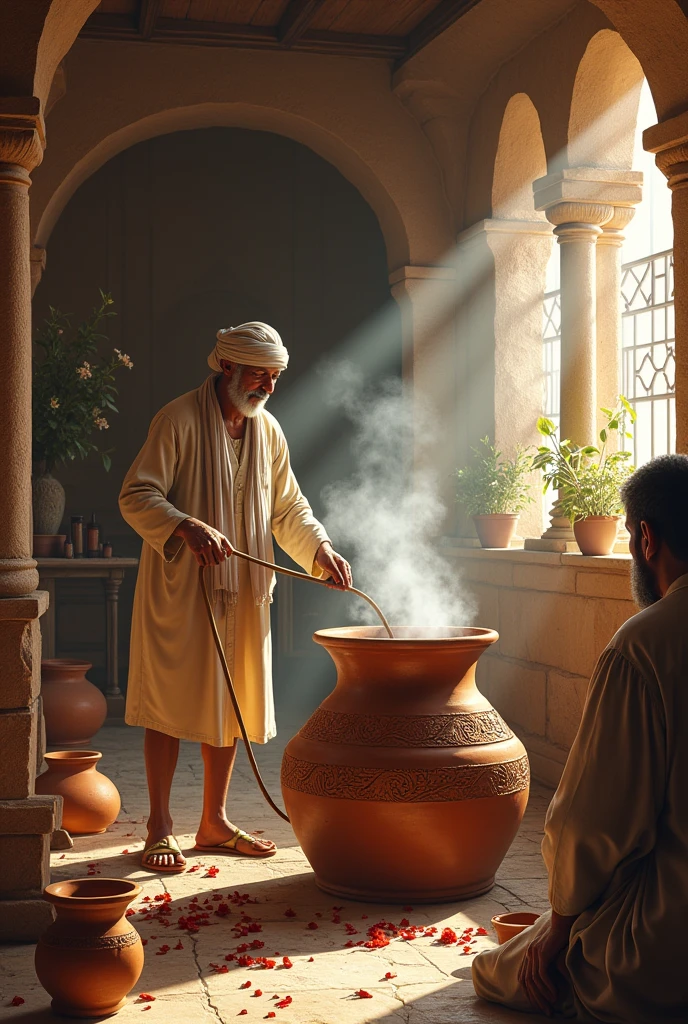 A historical depiction of the ancient perfume-making process in Taif, with artisans using clay pots and primitive distillation methods.