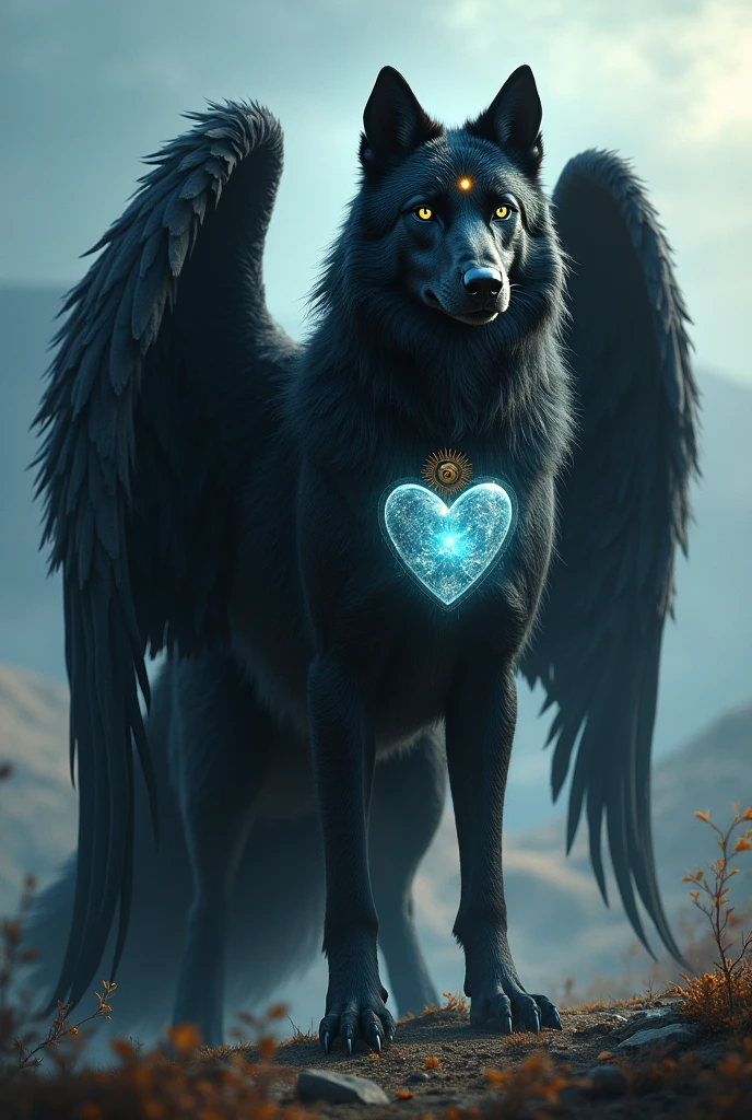 Black Siberian wolf with wings, seal of a small sun on the forehead.
And a heart of glass in the chest.

