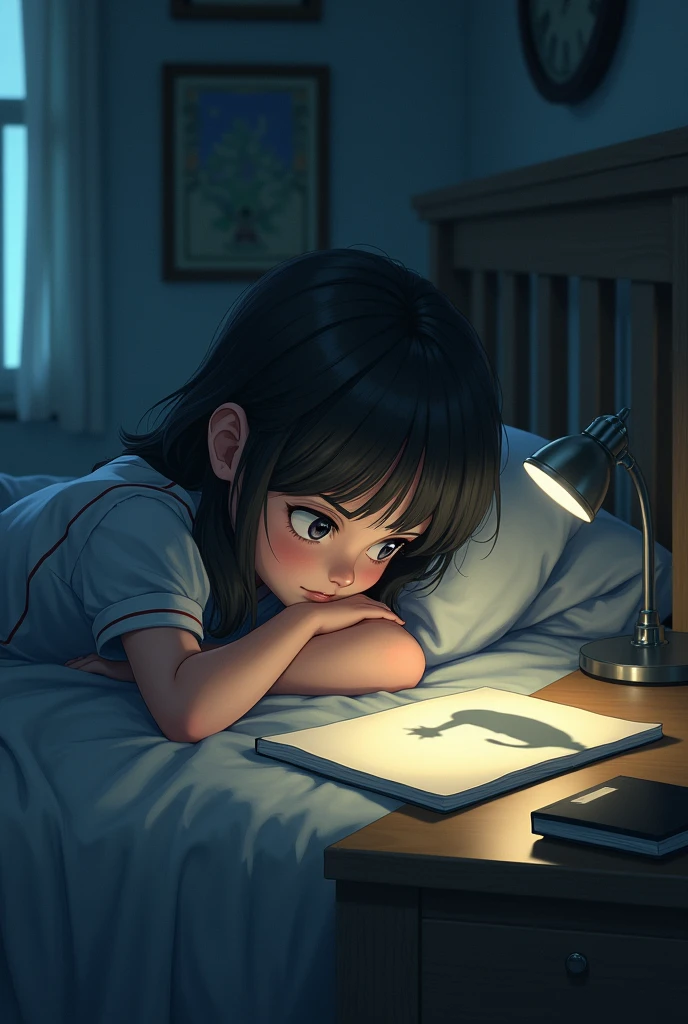 Girl lying in bed looking at strange shadow on desk