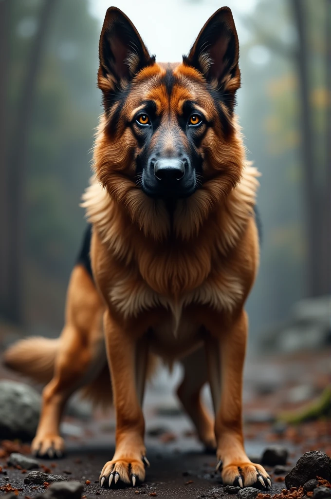 Create a 4K realistic image of a german shepherd with a robust build and vivid fur colors such as brindle or red. The german shepherd should be depicted in a powerful, commanding pose with a serious, intimidating expression, set against a detailed background that enhances its formidable presence.