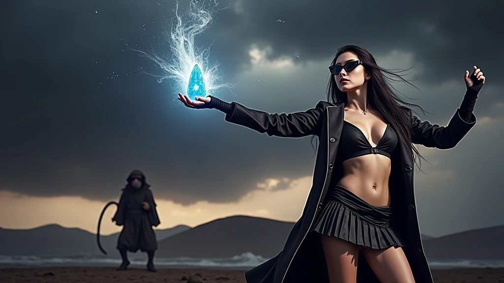 A young futuristic female sorcerer with a glowing floating small crystal stone, releasing mysterial spell and magical power, facing and defeating dark forces and beings. She stands with her right hand raised forward with a blue fire of light, Sun Wukong is chasing behind, at night, (1girl, solo, alone), photorealistic, large-breast slim:0.6 body, oval:0.5 face, cleavage:1.1, very low angle view of pleated miniskirt, deep-v, (upskirt), glove, (Matrix style black micro sunglasses), dynamic running pose, (half-body thigh level close-up shot), cinematic lighting, ray tracing, motion blur background.