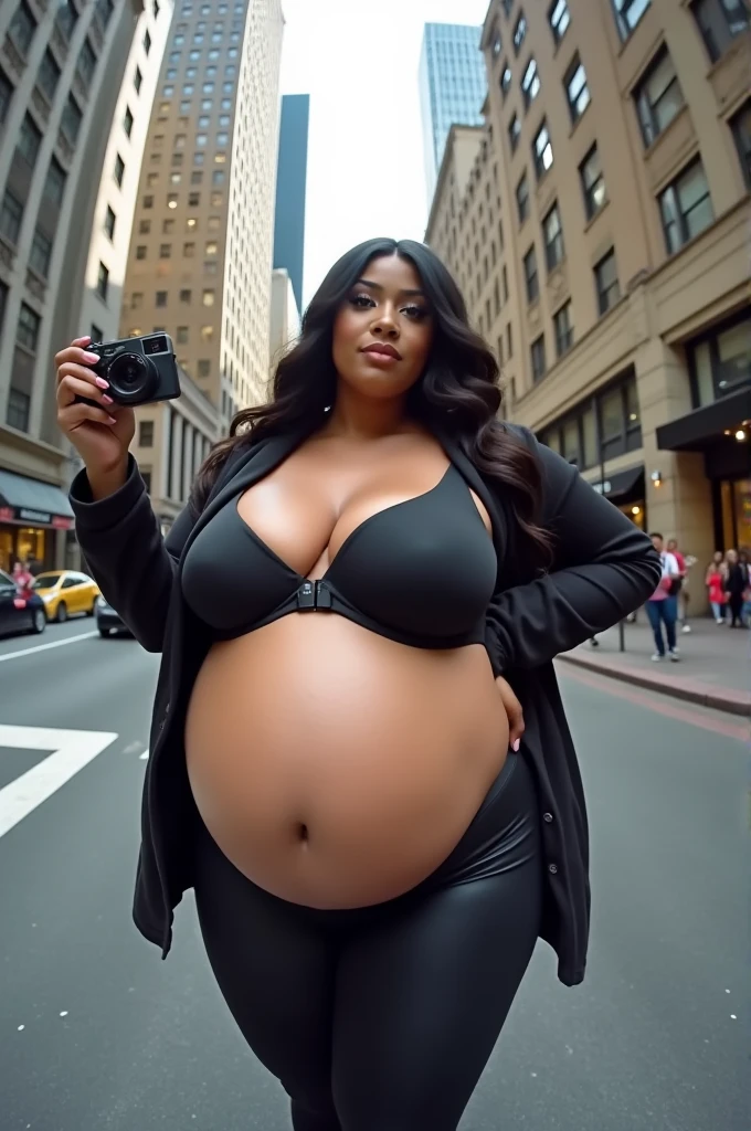 Pov fisheye camera view when in front of you a fat stepmother of Cardi B when she is 9 months pregnant while holding a camera when you are on the street and showing off her plus size body and big bra size, iphone camera style. 8k hd, realface, cinematic, extra detail, high shapering image
