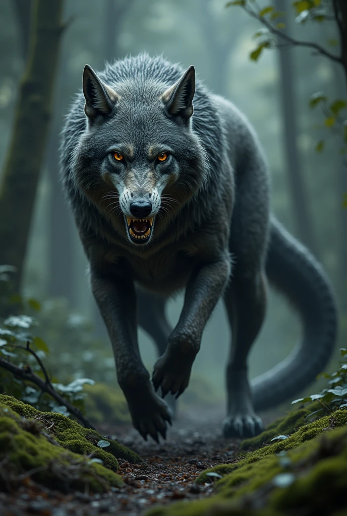 Wolf-Snake Hybrid fusion A stealthy predator with the powerful body and fur of a wolf, and the sinuous, scaled tail of a snake. It moves silently through a dark forest, its tail coiling behind it.