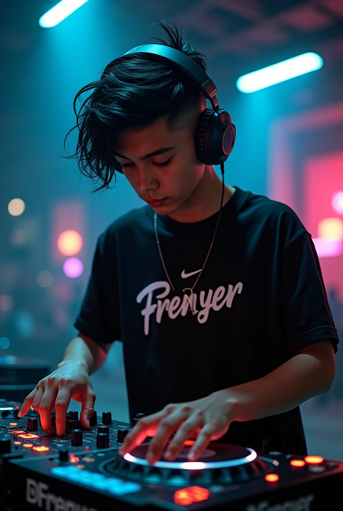 Create a low combed latino boy with black hair mixing like a DJ with a black Nike shirt and black headphones and underneath it has the word DJ FRENYER