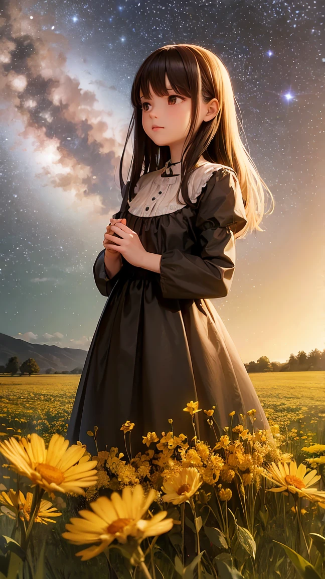 A girl on a meadow,Brown and black medium hair,Many stars shining in the wide sky,Shining Star,milky way,full moon,I look up and see,Wildflowers are in full bloom,Pure World,masterpiece,Highest quality,最高masterpiece,Detailed anime art,Digital Art,