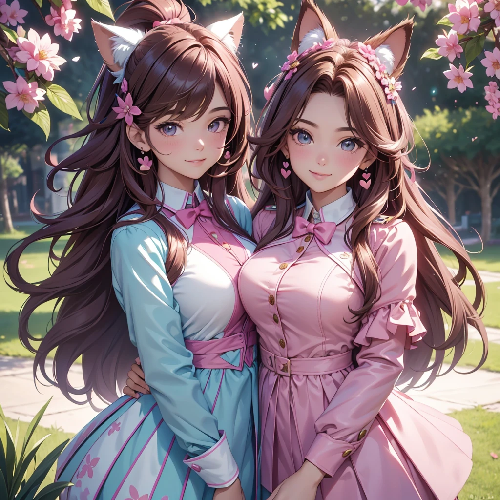 (best quality,4k,8k,highres,masterpiece:1.2),ultra-detailed,(realistic,photorealistic,photo-realistic:1.37),acrylic painting,beautiful Brazilian model in a uniform outfit with downy hair,beautiful Brazilian model with extremely colorful brown hair and detailed facial features,beautiful Brazilian model standing in a beautiful garden sakura flowers, long hair,cat ears, hair bows, uniform pink and teal outfits, smile, happy face, brown pink hair, hearts