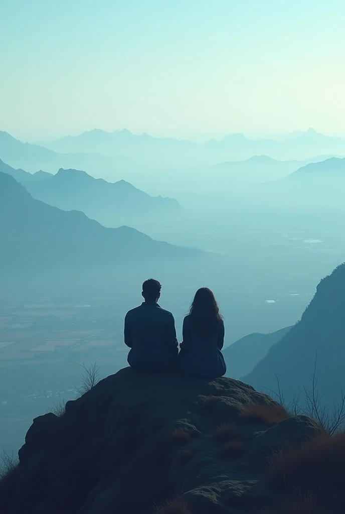 A man and woman sitting at edge of hill. Hill is so much high. A big plain ground is their at bottom of hill and it is spread in very huge area. They both facing towards ground or mountains which are far apart from them. The mountain are far apart from them. The image should give back facing of them and facing towards ground or mountain.
Generate the image.