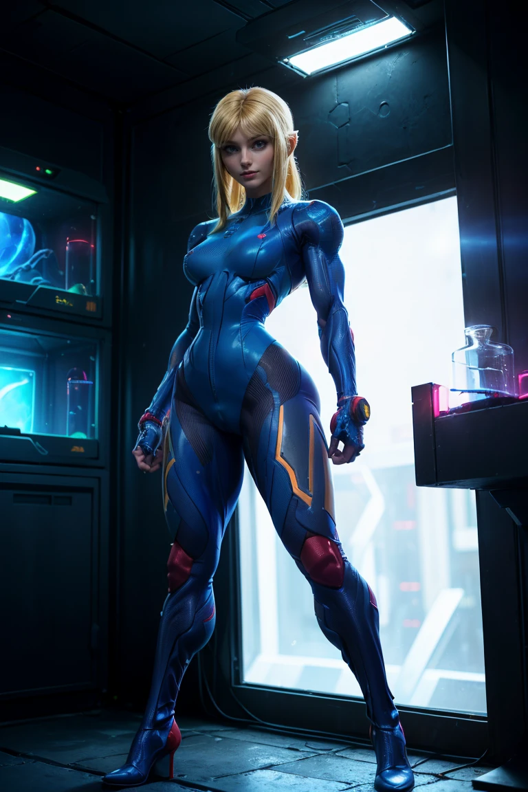 (Muscular:2), (thick thighs:1.4), (large round breasts:1), FEMALE, blonde hair, long blonde hair, (big smile:1), (wearing tight sexy blue Samus Zero Suit:1.6), looking at viewer, (three quarter view:1.3), upper body view, (dark futuristic lab at night:1.5), (dark lighting:2), detailed skin, detailed eyes, (clean skin:1.5), (very thin waist:1.6), (huge body muscles:1.9), (one protagonist:1.5),