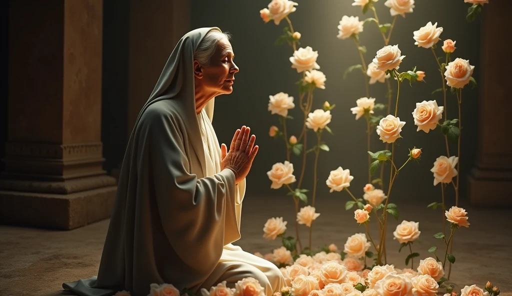 create an image of Saint Rita of Cassia kneeling praying asking Jesus for divine mercy and many light roses